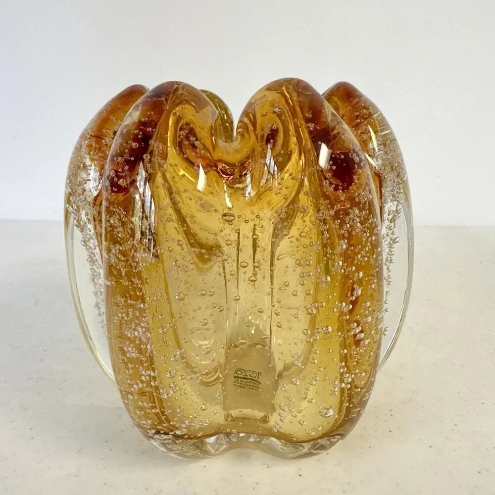 Amber‎ Heavy Art Glass Bowl By Tozai Vase Multiple Bubbles Ribbon Rim - Picture 3 of 7